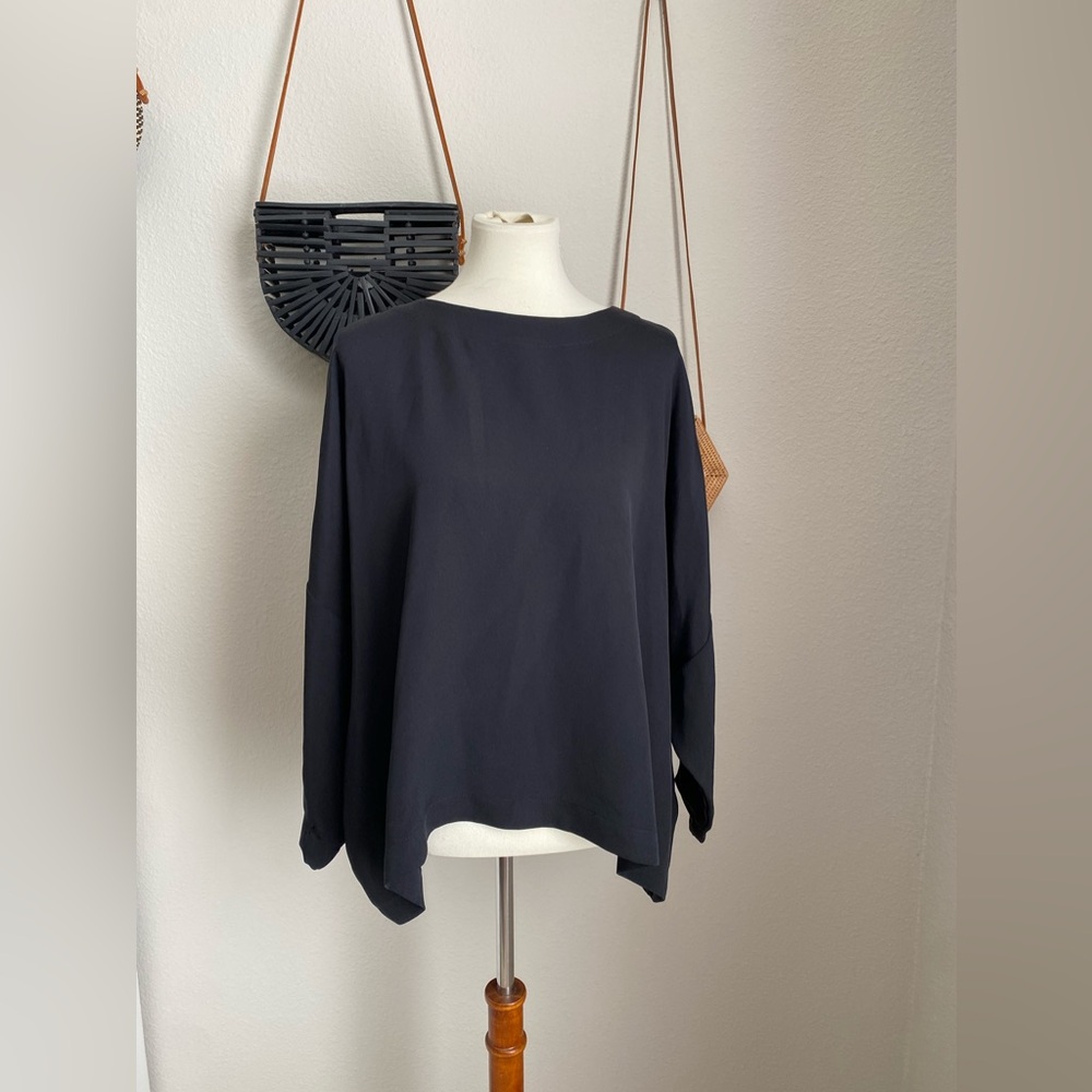 Neiman Marcus Eskandar 100% Silk Black Wide Sleeve Tunic Top, Size 1X